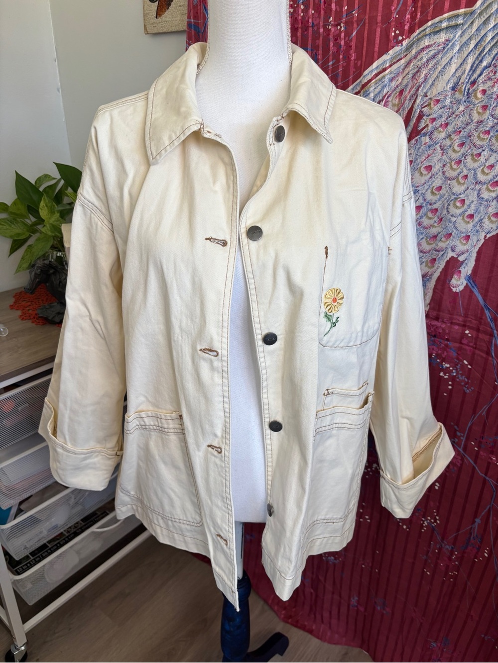 RVCA Cream Utility Jacket with Embroidered Flower